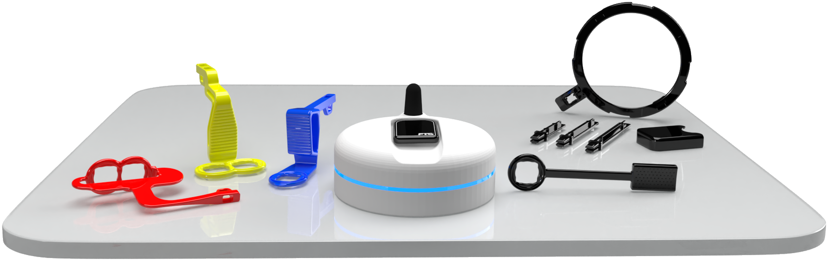 Everything in the DC-Air™ complete kit laid out: sensor, docking station, cable, and Zero Profile holders