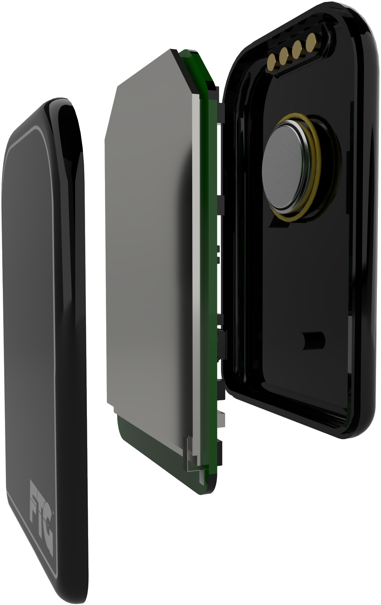 Exploded view of the DC-Air™ sensor's internals: sealed housing, battery, electronics, and the single-crystal direct-conversion silicon detector