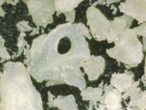 Macro close-up of irregular, porous off-white bone particulate granules against a dark background.