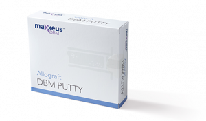 A white and blue Maxxeus Allograft DBM Putty packaging box shown against a white background.