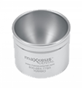 A small stainless steel conical mixing cup labeled Maxxeus Dental with contact information printed on its side.