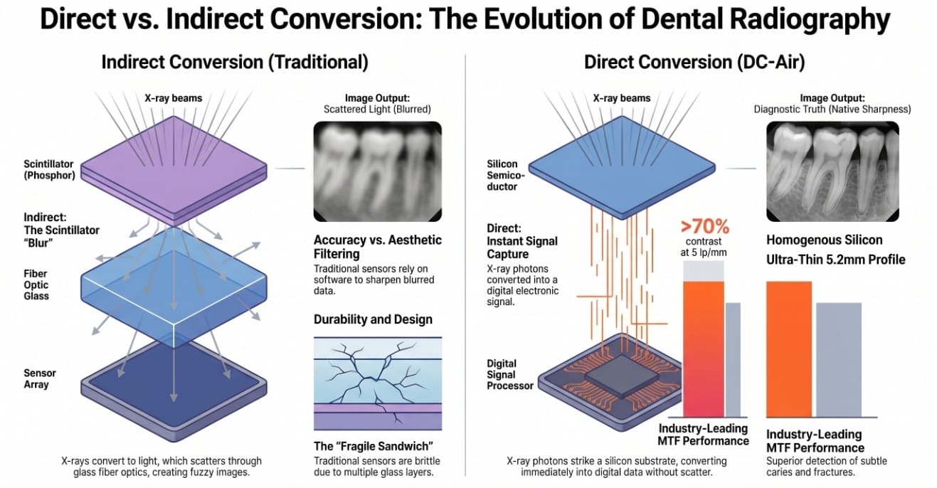 Side-by-side infographic titled Direct vs. Indirect Conversion. Left panel, Indirect Conversion (Traditional): X-ray beams pass through a scintillator, fiber-optic glass, and sensor array, next to a blurred tooth radiograph and an illustration of a cracked, layered sensor labeled The Fragile Sandwich. Right panel, Direct Conversion (DC-Air™): X-ray beams strike a silicon semiconductor and digital signal processor, next to a sharper tooth radiograph and a bar chart comparing contrast performance between the two architectures.