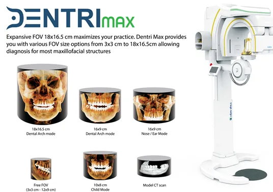 The DENTRImax offers up to a 18x16.5 FOV for Ortho, Airway, and Oral Surgery