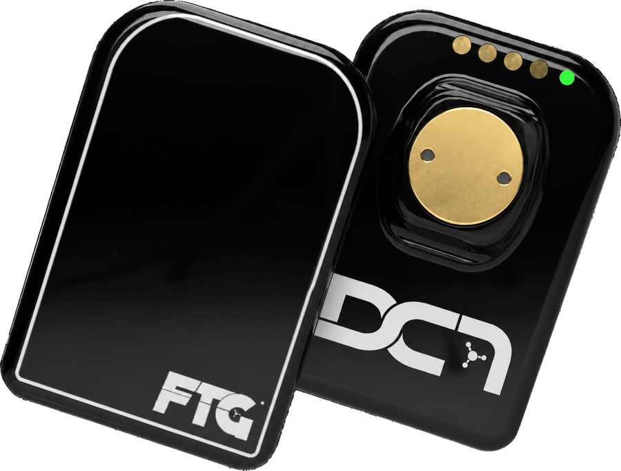 Two DC-Air™ sensors, one face up and one face down, showing the sealed front and the gold circular charging contact and status light on the back where a cable connector would be.