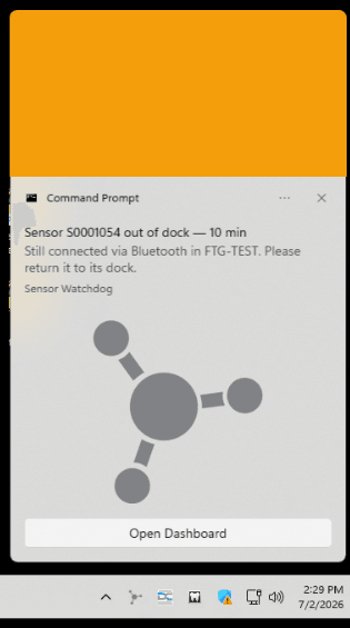 WatchDog alert shown in yellow when a DC-Air™ sensor is out of its dock too long