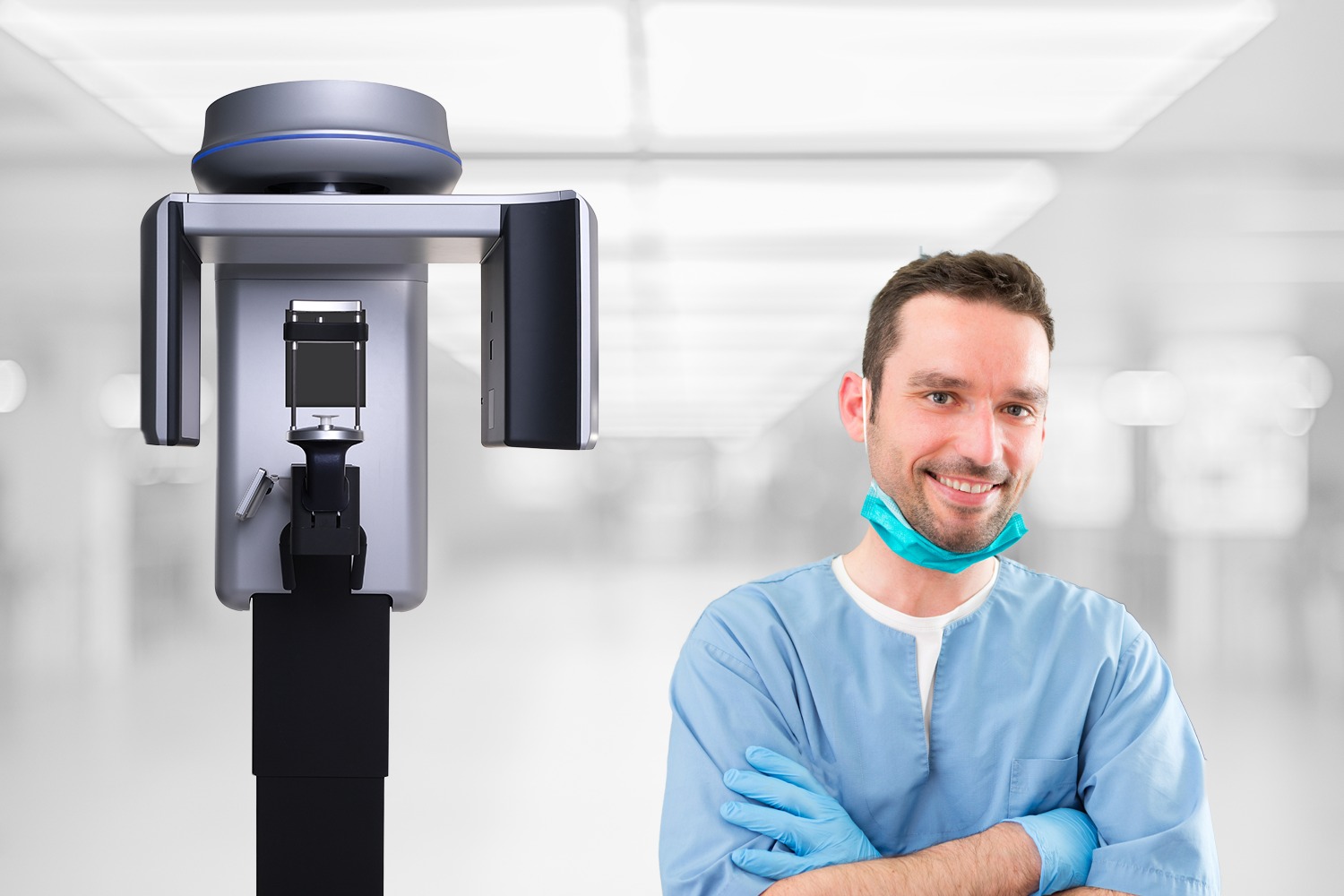 Composite image of a floor-standing CBCT scanner next to a smiling clinician in blue scrubs with arms crossed