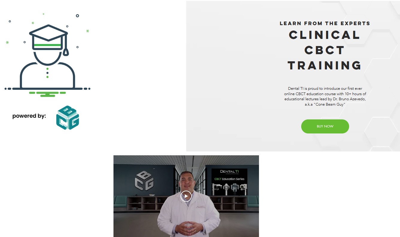 Screenshot of a Clinical CBCT Training webpage with an embedded video of an instructor in a white coat standing in a Dental TI branded office