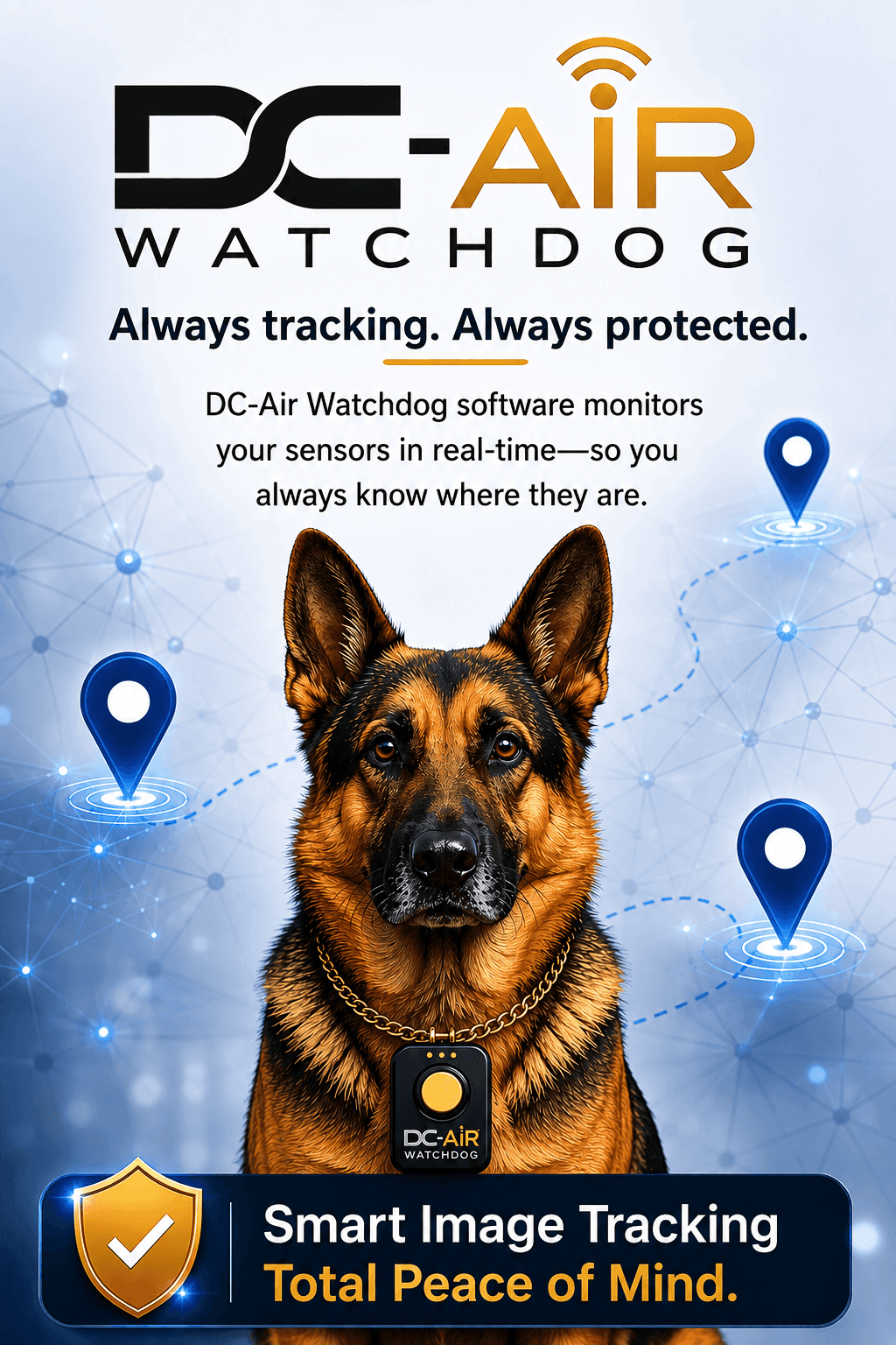 DC-Air™ WatchDog graphic: a German Shepherd wearing a collar with a WatchDog tracking pendant, surrounded by network and location-pin icons, headlined "DC-Air™ Watchdog — Always tracking. Always protected," with a bottom banner reading "Smart Image Tracking, Total Peace of Mind."