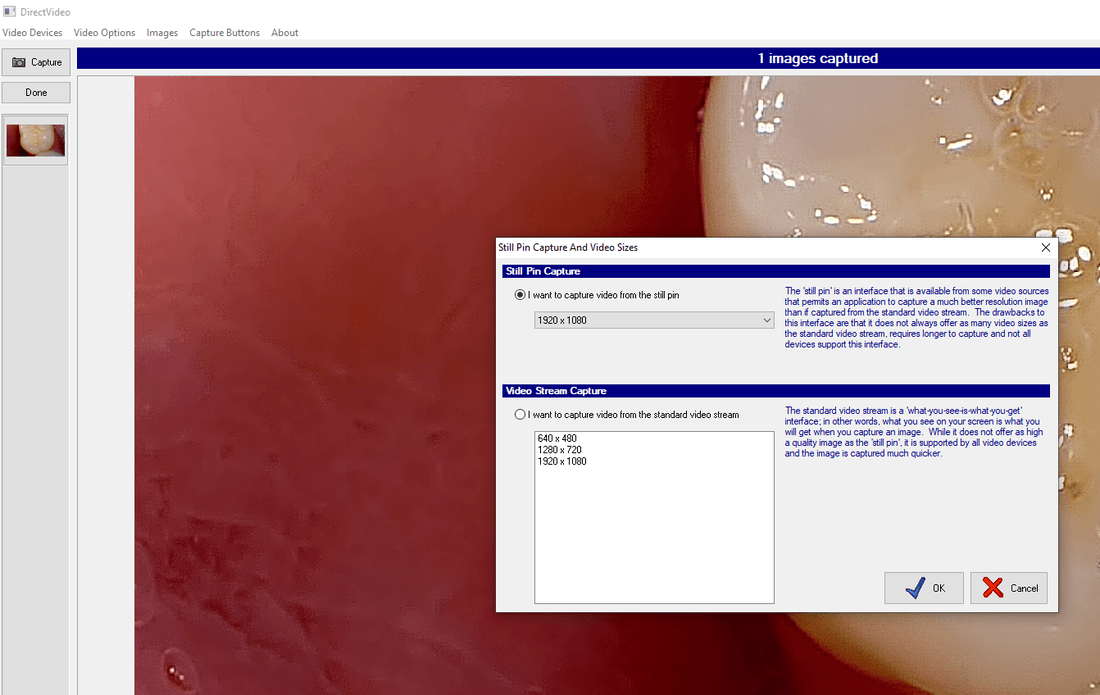 DirectVideo's "Still Pin Capture And Video Sizes" dialog, with "I want to capture video from the still pin" selected at 1920x1080 above the standard video stream capture option.