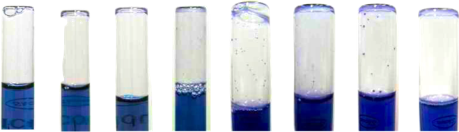Row of test tubes showing little to no bacterial staining on the glass walls after Smile Guard is introduced