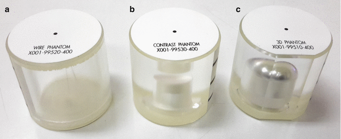 Three labeled CBCT calibration phantoms - wire, contrast, and 3D - used to verify a scanner's image quality against factory specifications