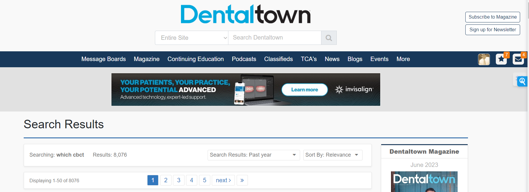 Screenshot of a Dentaltown.com search results page for CBCT-related forum discussions