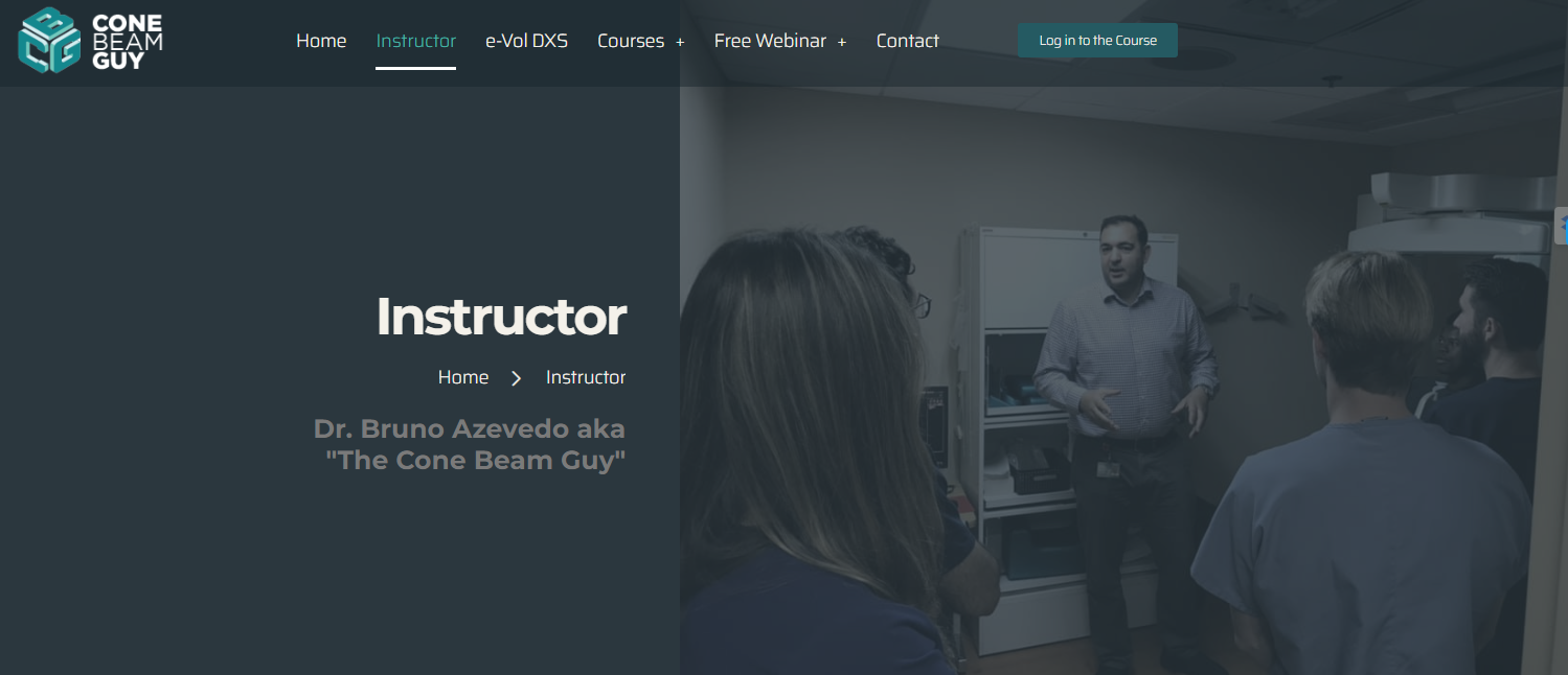 Screenshot of the Cone Beam Guy training website's Instructor page showing an instructor teaching a CBCT course to students