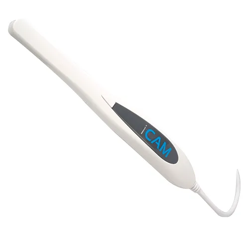 Product photo of the iCam intraoral camera (framed manufacturer image)